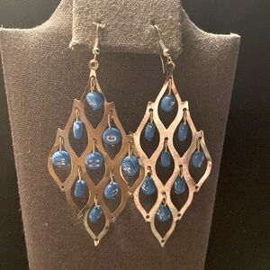 Bingo Dangling Silver tone with acrylic blue beads with letters pierced Earrings